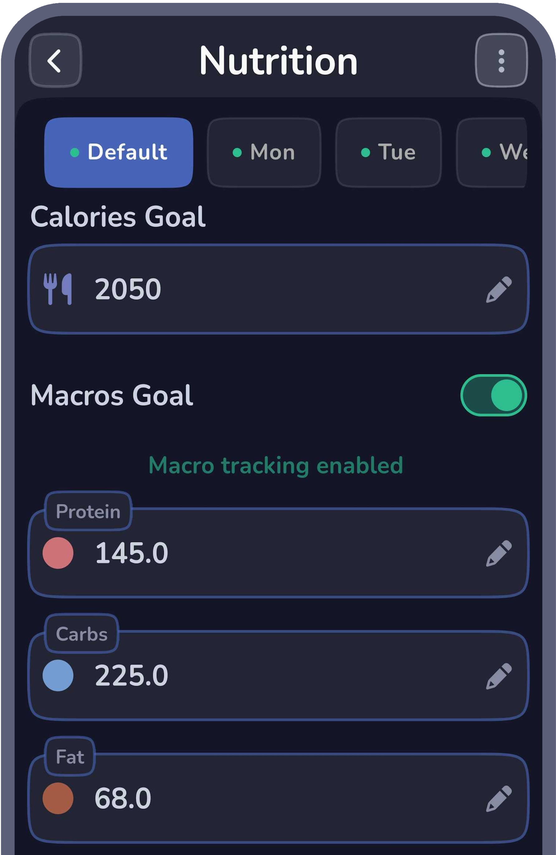 Custom nutrition goals screen