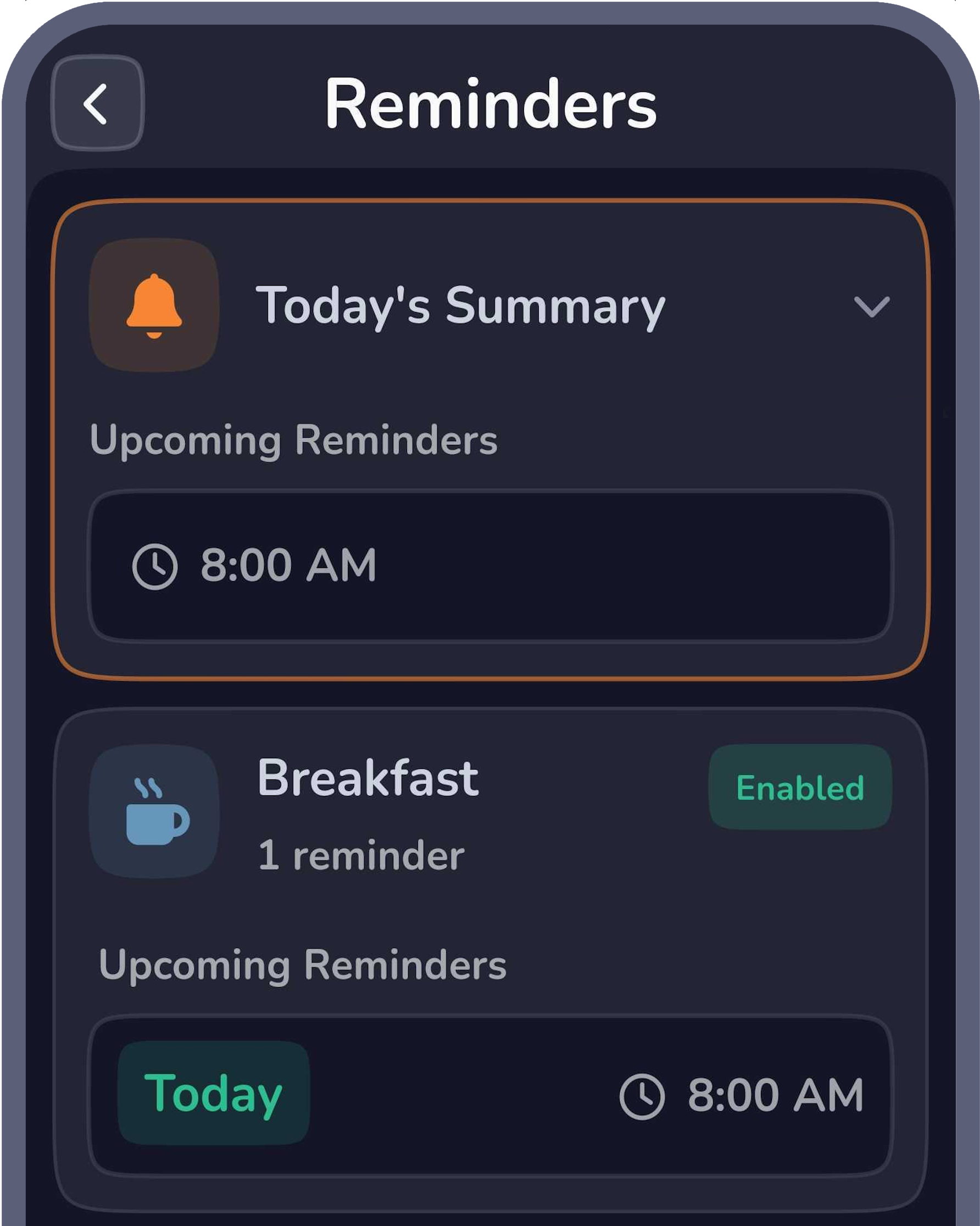 Cal Track reminders screen