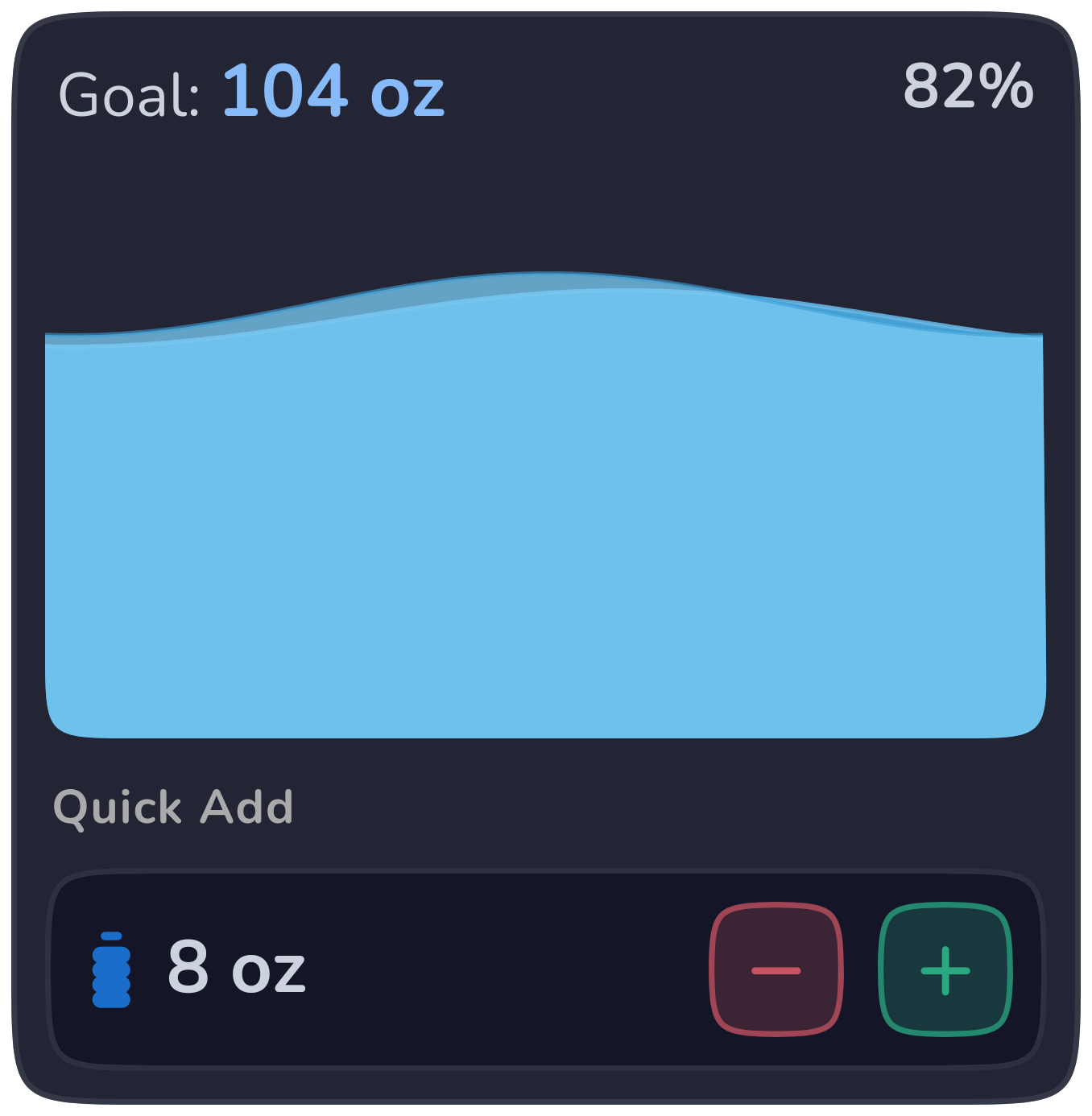Water tracker showing a 104 ounce goal and quick-add controls